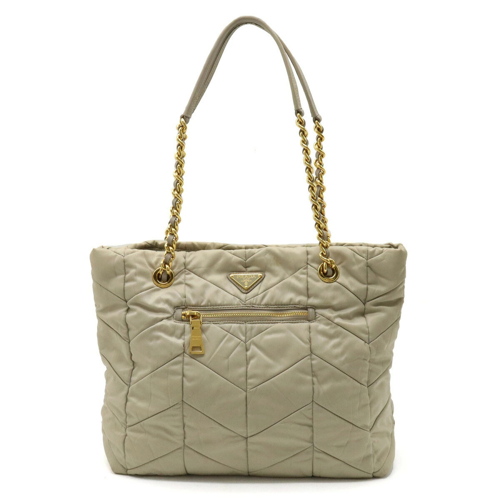 Prada Quilted Tote Bag Shoulder Chain Leather ALLUO Beige Cream